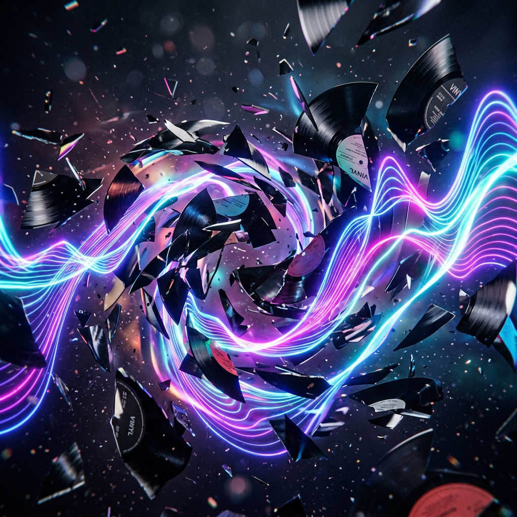 Shattered vinyl records floating around glowing neon soundwaves