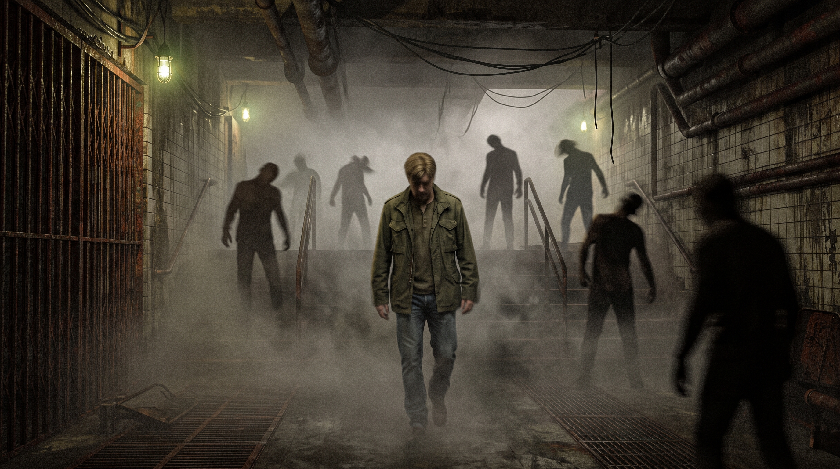 Figura solitaria avanzando a través de la niebla en un pasillo de metro en decadencia, rodeada por siluetas en convulsión, en una ilustración inspirada en Jacob's Ladder y Silent Hill 2.